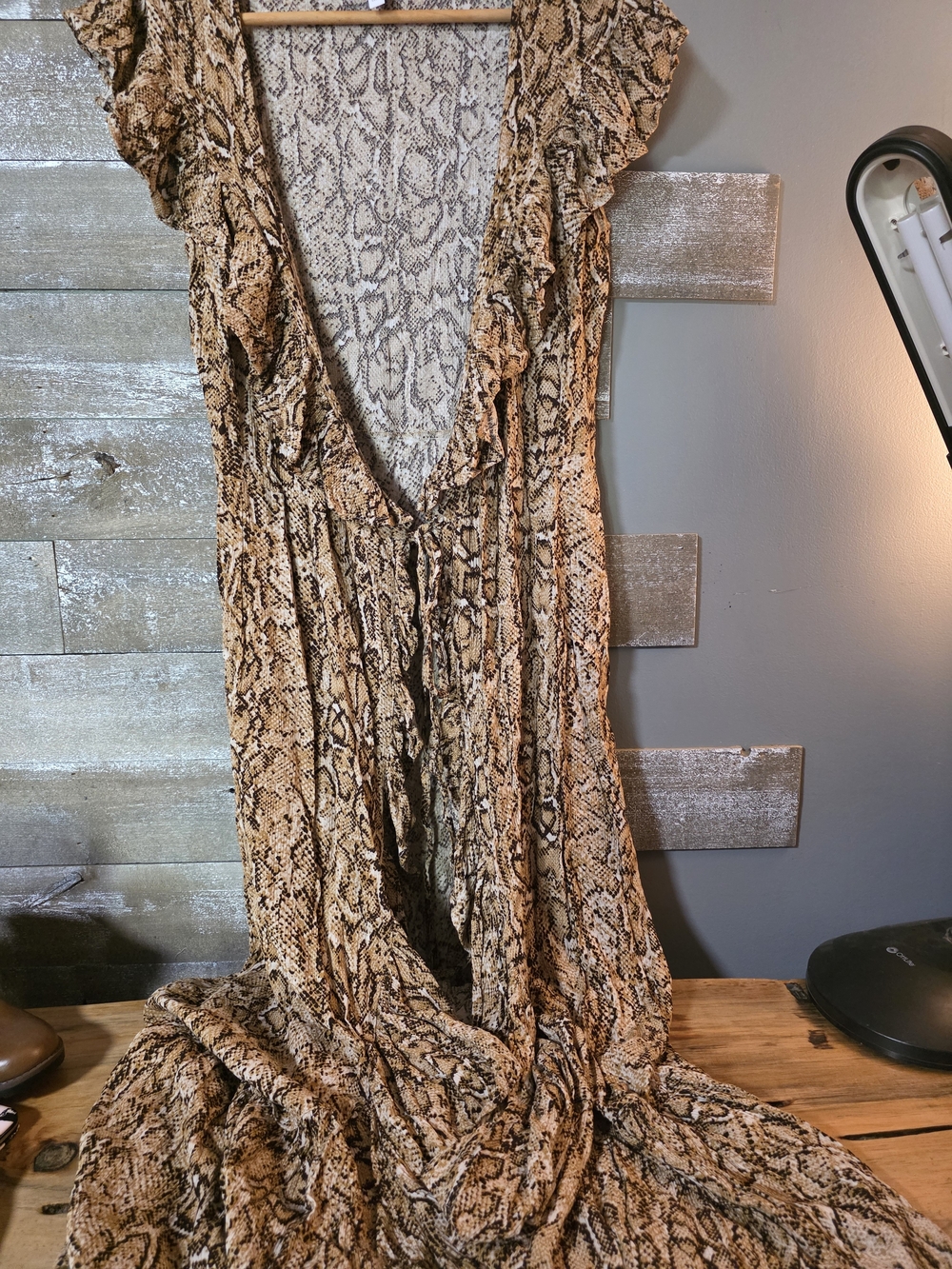 sofia by sofia vergara Snake-Print Ruffle Open-Front Cardigan in Beige and Tan